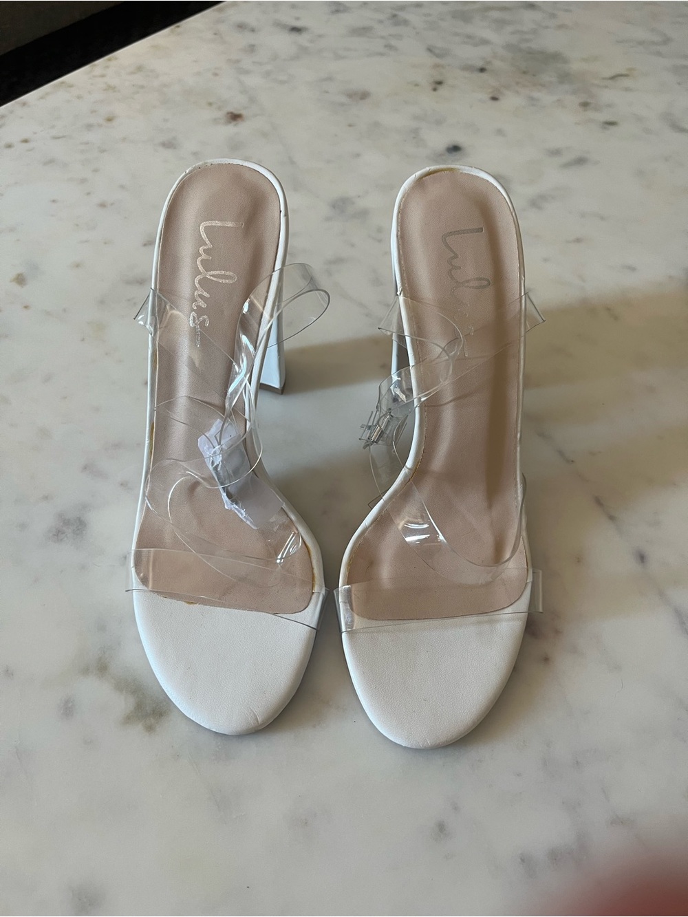 Lulu's White Clear Strap Block Heel Sandals
